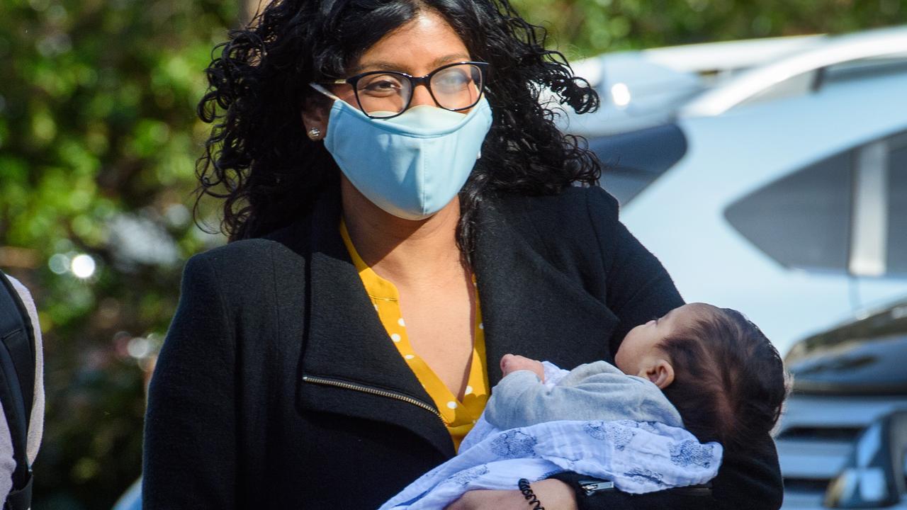 Victorian Greens leader Samantha Ratnam returned from maternity leave with one-month-old daughter Malala to cast her vote. Picture: Jay Town