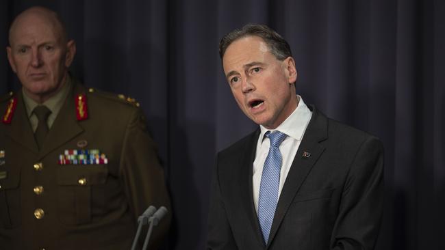 Minister for Health and Aged Care, Greg Hunt holds a press conference at Parliament House in Canberra. Picture: NCA NewsWire / Martin Ollman