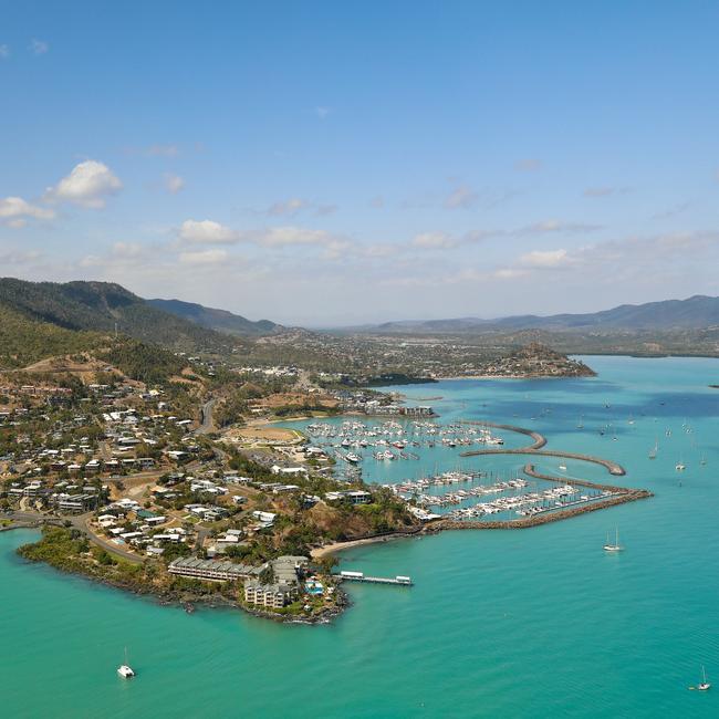 An aerial shot of Airlie Beach, Whitsundays.