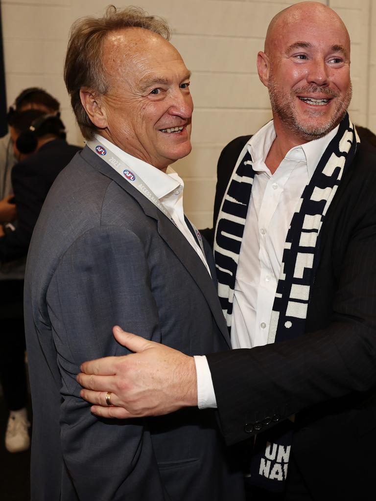 Luke Sayers and Carlton chief Brian Cook after the Blues semi final win. Picture: Michael Klein.