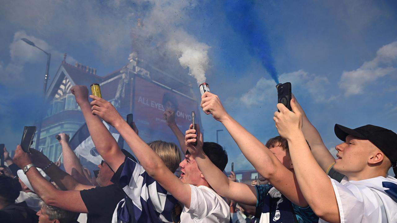 Fans release the Hotspurs’ colours to celebrate Tottenham’s first victory in 17 years. Picture: Leon Neal / Getty Images