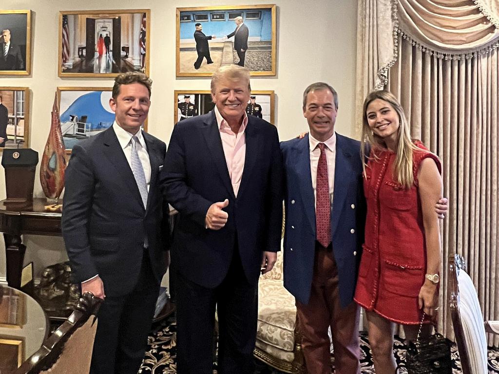 Australian Holly Candy and her husband Nick Candy (left) dined with former US president Donald Trump and conservative former British politician Nigel Farage in 2022. Picture: X