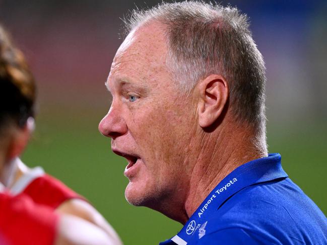 MELBOURNE, AUSTRALIA - SEPTEMBER 29: Nathan Burke, head coach of the Bulldogs speaks to players during the 2023 AFLW Round 05 match between the Western Bulldogs and the St Kilda Saints at Whitten Oval on September 29, 2023 in Melbourne, Australia. (Photo by Morgan Hancock/AFL Photos via Getty Images)