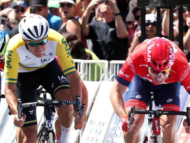 Tour Down Under Stage 6 - Adelaide City Circuit. Sprint finish - Wouter Wippert (far right) comes on the inside to win.. Photo Sarah Reed