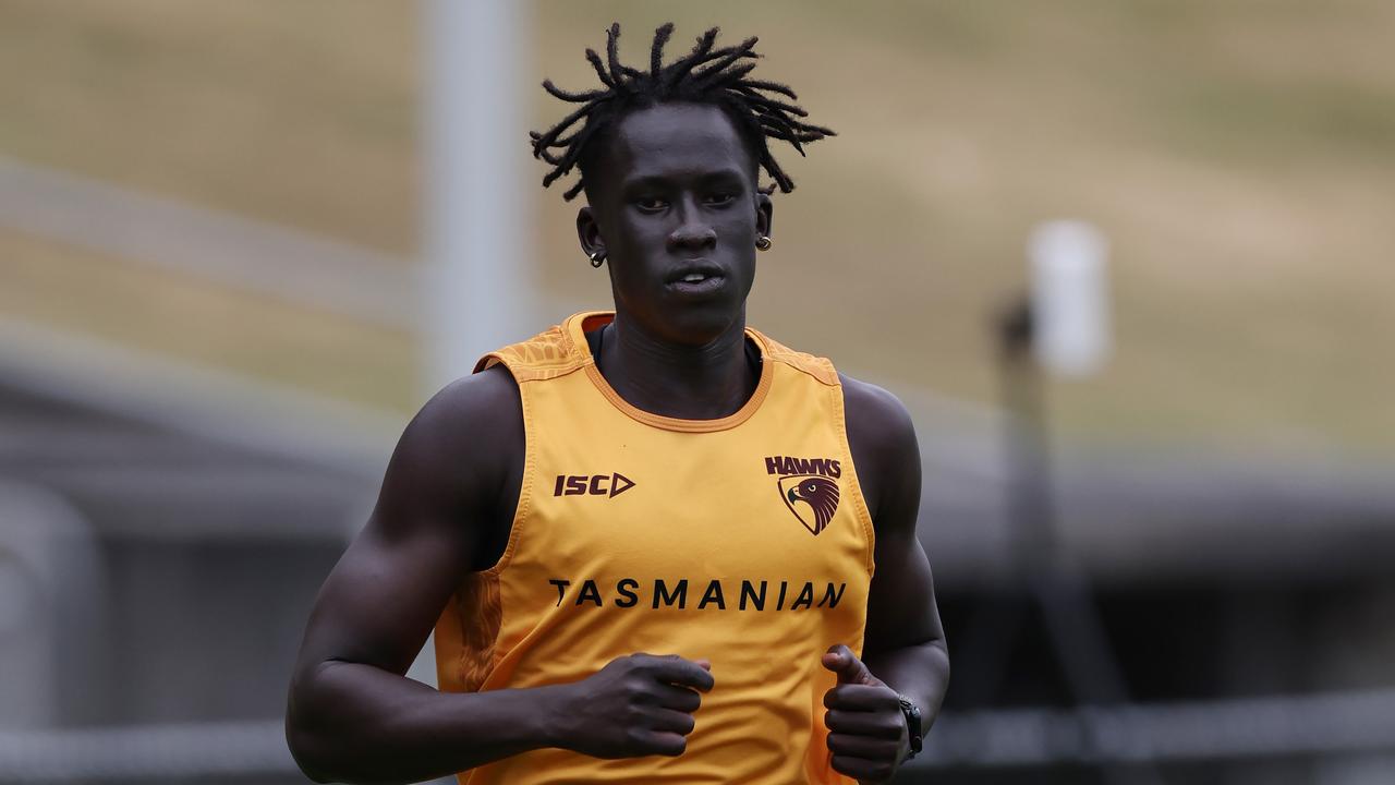 MELBOURNE , AUSTRALIA. November 20, 2023. AFL . Hawthorn footy training at Waverly Park . Changkuoth Jiath of the Hawks during todays session . Pic: Michael Klein