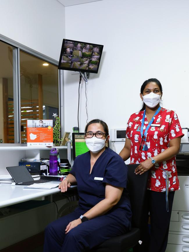 Pyramid Residential Care Centre registered nurses Elvira Reyes and Rani Thankachan in the nursing station at the Gordonvale aged care home. Picture: Brendan Radke