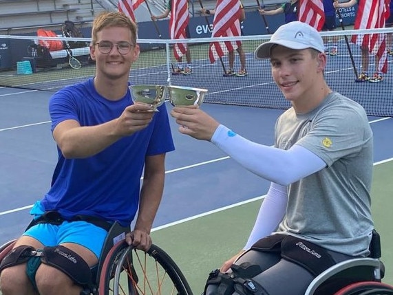 Australian tennis champion Ben Wenzel (right) won the boys' 2024 wheelchair doubles US Open title with Dutch partner Ivar Van Rijt. Picture: Supplied