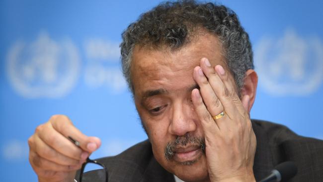 WHO chief Tedros Adhanom Ghebreyesus praised Xi Jinping for China’s co-operation and transparency and for setting new standards in outbreak control while ignoring Beijing’s earlier failings. Picture: AFP