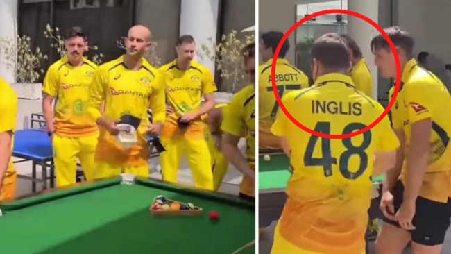 Ashton Agar and a mask-wearing Josh Inglis at a team bonding snooker session. Screenshots: Facebook