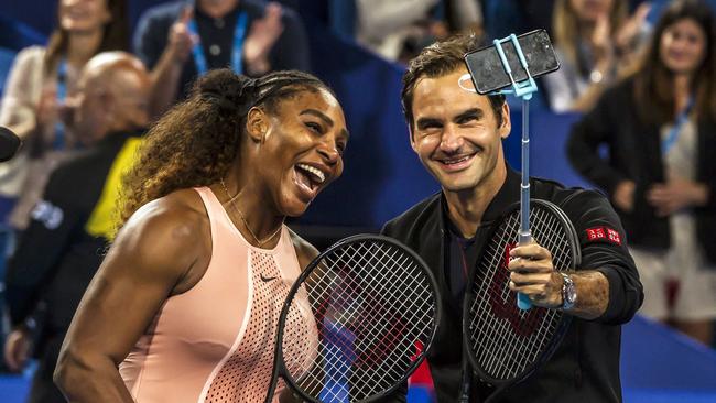 Serena Williams and Federer take a selfie following their mixed doubles match on day four of the Hopman Cup tennis tournament in Perth, 2019. Picture: Tony Ashby/AFP