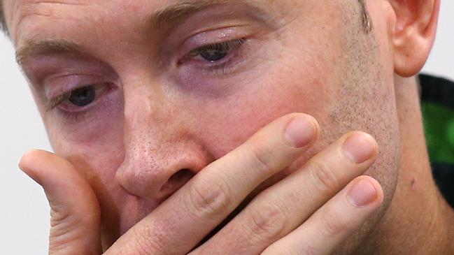 Australian cricket captain Michael Clarke is emotional while making a statement at the Sydney Cricket Ground following the death of Australian cricket player Phil Hughes in Sydney, Saturday, Nov. 29, 2014. Hughes was 63 not out when he was struck by the ball on Tuesday, and that number has become symbolic in the tributes. (AP Photo/Rick Rycroft)