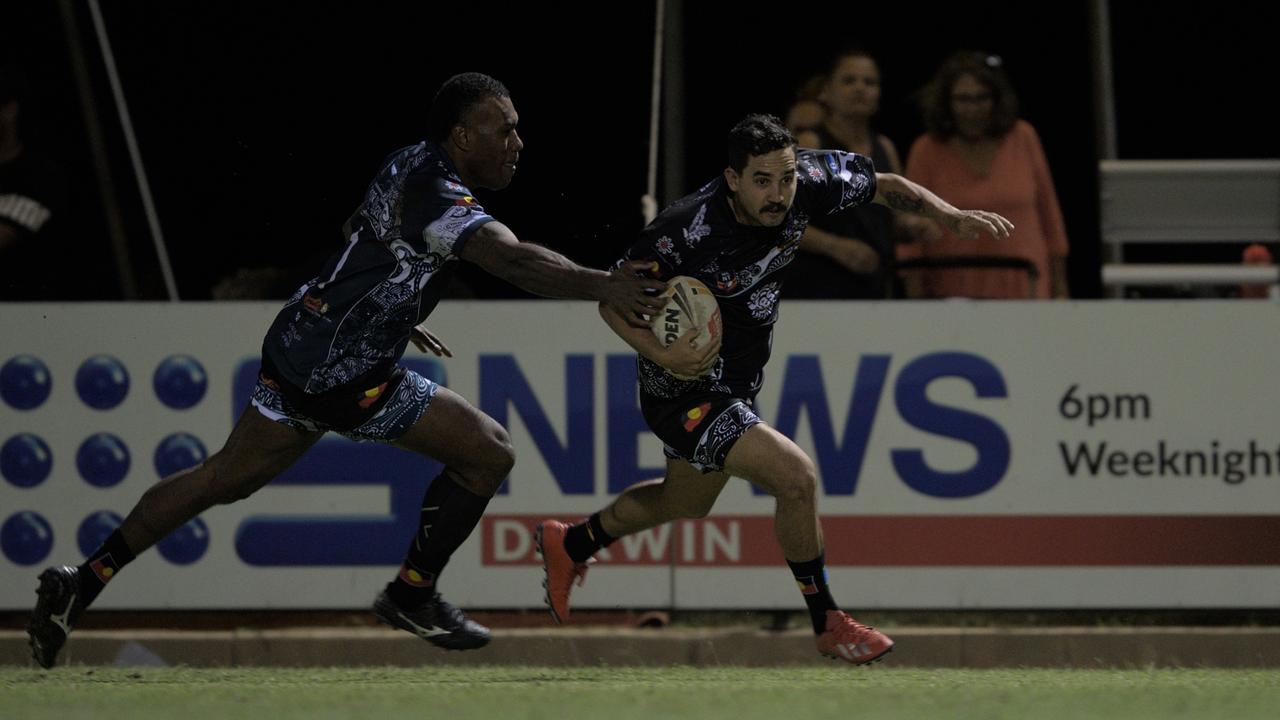 Josh Johnson scores a try for the Indigenous All Stars in the 2023 Deadly Cup Carnival men’s match. Picture: Pema Tamang Pakhrin