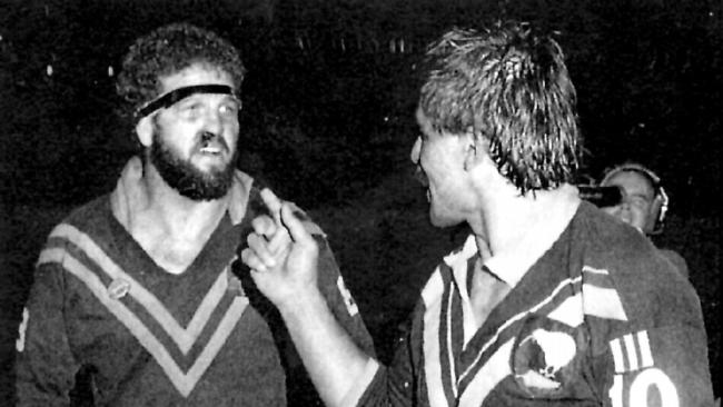 Greg Dowling and Kevin Tamati on way to sin-bin after all-in brawl during first test, Australia v New Zealand at Lang Park, 1985.