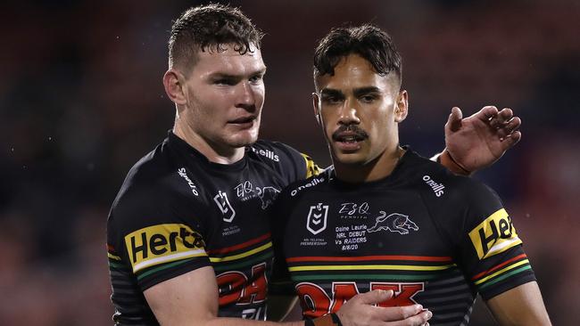 Liam Martin of the Panthers and Daine Laurie of the Panthers celebrate after winning the round 13 NRL match between the Penrith Panthers and the Canberra Raiders at Panthers Stadium on August 08, 2020 in Sydney, Australia. (Photo by Mark Kolbe/Getty Images)