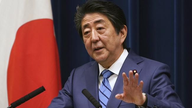 Japanese Prime Minister Shinzo Abe answers questions about the Olympics. Picture: AP