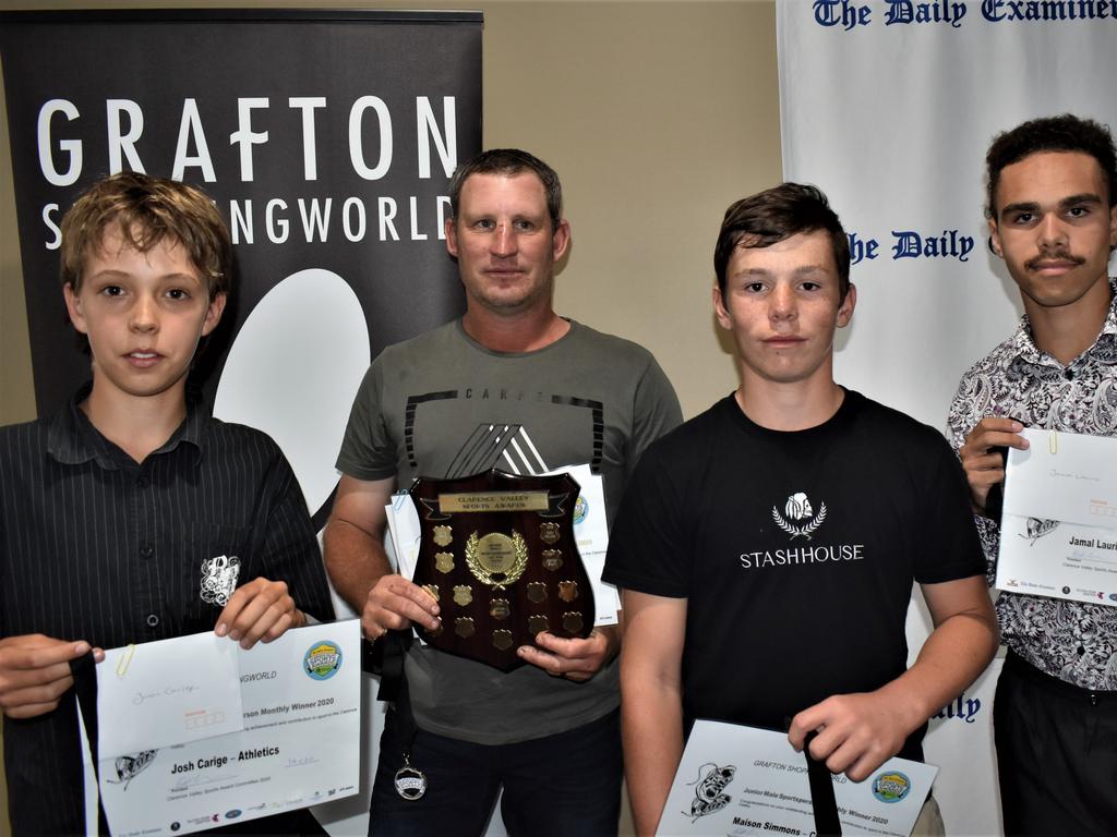 Grafton Shoppingworld Junior Male Sportsperson of the Year nominees Josh Carige, Mark Ensbey (on behalf of son Hayden Ensbey - winner), Maison Simmons and Jamal Laurie at the 2020 Clarence Valley Sports Awards at Grafton District Services Club on Saturday, 14th November, 2020. Photo Bill North / The Daily Examiner