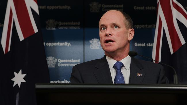 CMNEWS - Queensland Premier Campbell Newman (centre) speaks to Police minister Jack Dempsey and Police Commissioner Ian Stewart regarding the rise of Bikie Violence in Queenalnd upon his return from a trade mission to Asia this morning, Tuesday, October 1, 2013. Pictures: Jack Tran / The Courier Mail Picture: Jack Tran