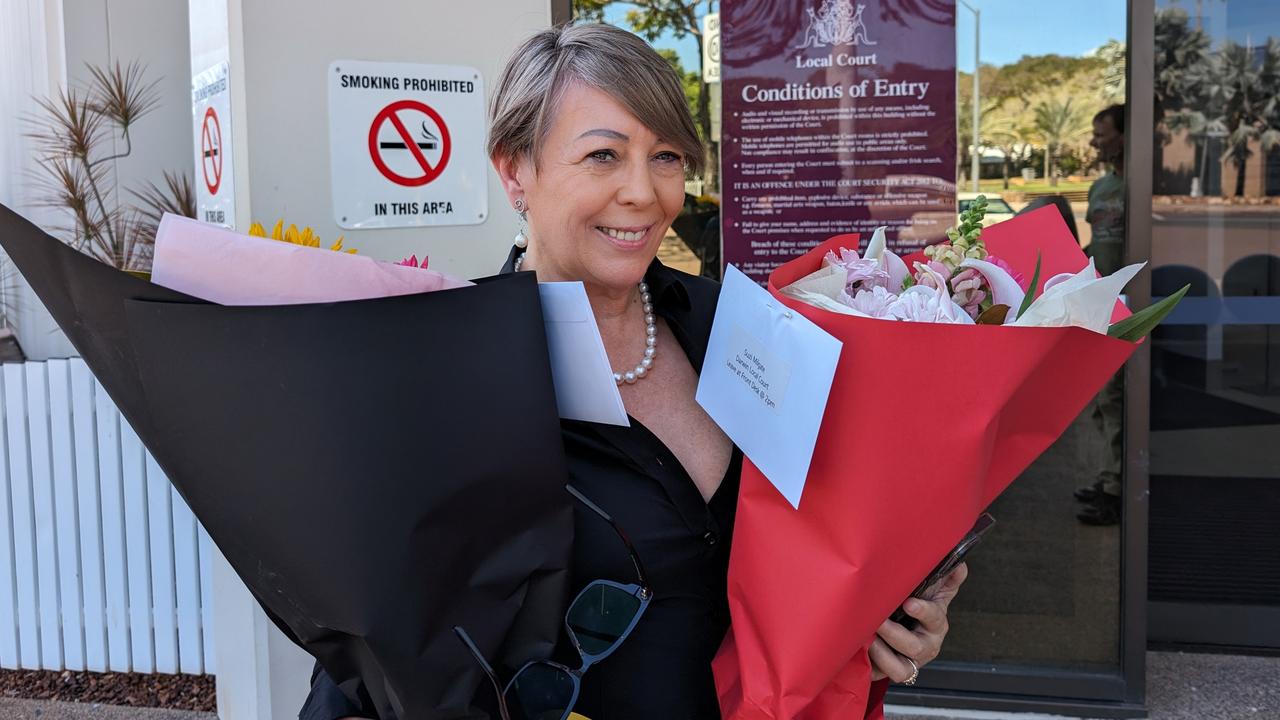 Flowers were delivered to the Darwin Local Court in May addressed to former real estate agent Suzi Milgate ahead of an appearance for the alleged assault of Nightcliff MLA Natasha Fyles.