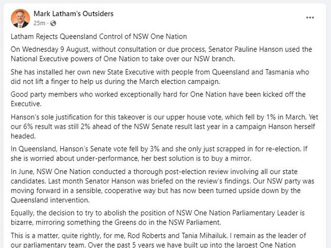 Mark Latham released a statement on Facebook following Pauline Hanson's announcement.