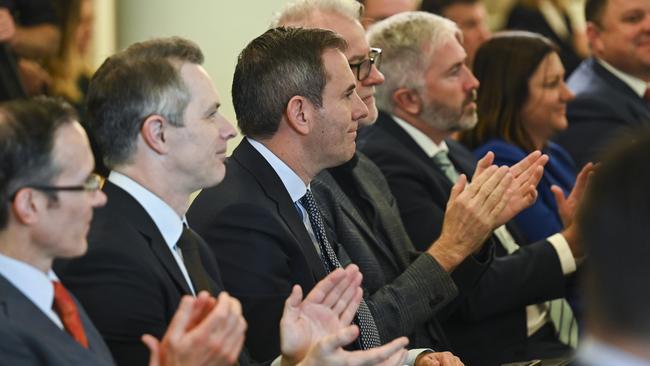 Prime Minister Anthony Albanese thanks Treasurer Jim Chalmers during a caucus meeting ahead of the 2023 Federal Budget at Parliament House in Canberra. Picture: NCA NewsWire / Martin Ollman