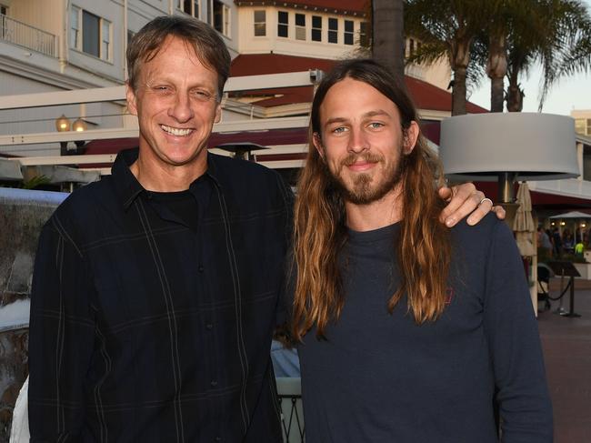 Riley with his dad Tony Hawk. Picture: Denise Truscello/Getty Images