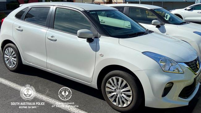 A white Suzuki Baleno was stolen while the driver was out of the car was making a food delivery in Ingleby Street in Mount Gambier and was later involved in a police pursuit. Picture: SA Police