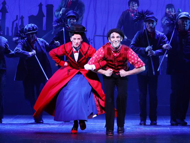 SYDNEY, AUSTRALIA - MAY 25: Stefanie Jones plays the role of Mary Poppins and  Jack Chambers  the role of Bert during a media call for Mary Poppins at the Sydney Lyric Theatre on May 25, 2022 in Sydney, Australia. (Photo by Don Arnold/WireImage)