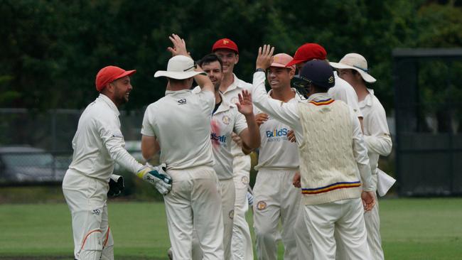 Premier Cricket: Richmond v Frankston Peninsula played at Central Reserve, Glen Waverley. Frankston players celebrate a wicket. Picture: Valeriu Campan