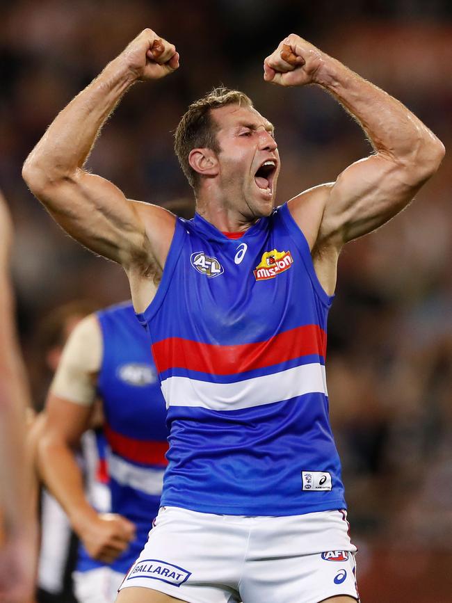 Travis Cloke of the Bulldogs celebrates his first goal for the Western Bulldogs.