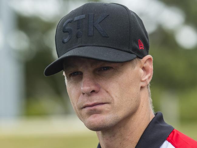 Nick Riewoldt  with some demolition props to promote the start of demolition at Moorabbin Reserve as St Kilda begins work on their new headquarters. Picture: Valeriu Campan