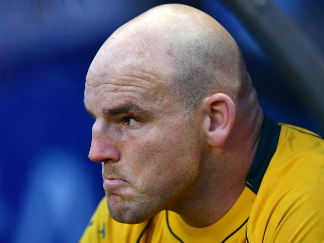 EDINBURGH, SCOTLAND - NOVEMBER 25:  Stephen Moore of Australia looks on from the dugout after being substituted in his final test match during the International match between Scotland and Australia at Murrayfield Stadium on November 25, 2017 in Edinburgh, Scotland. (Photo by Dan Mullan/Getty Images)