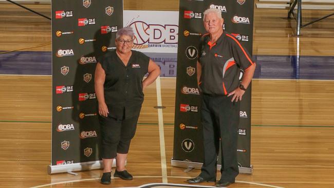 Darwin Basketball Association executive officer Kerri Savidge and Basketball NT chief executive John Mitchell. Picture: Glenn Campbell