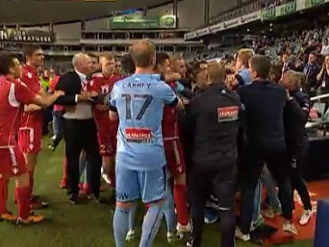 Free for all after ball boy tackled in FFA Cup final.