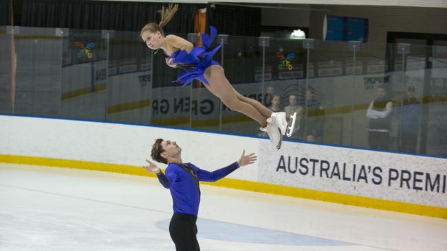 Harley Windsor and partner Katia Alexandrovskaya pulled off a difficult throw triple lutz at the Australian National Championships. Picture: Michael Santer, OzSkater Magazine