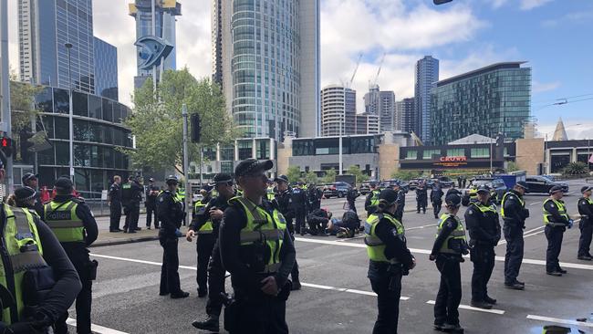 The King St Bridge protest is escalating with police arresting at least three protesters who were super glued to the road. Picture: Remy Varga