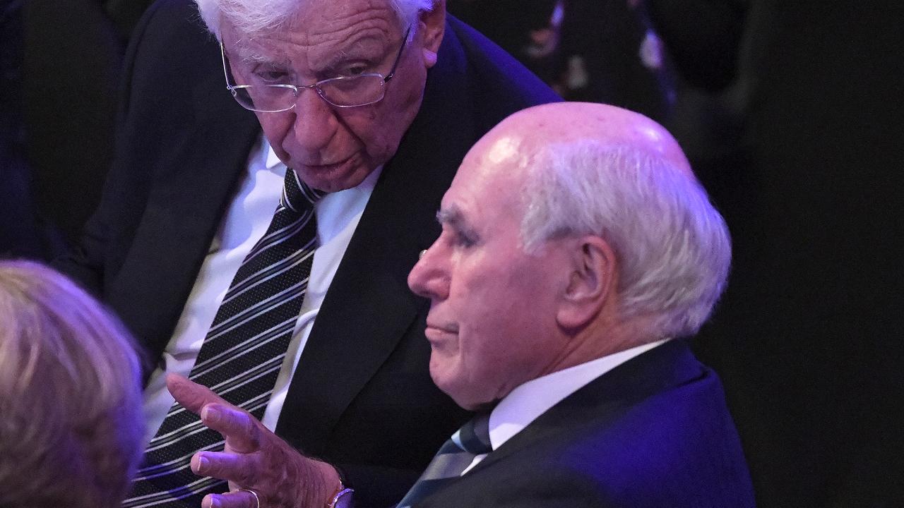 Frank Lowy in discussion with John Howard. Picture: Bianca De Marchi/AAP