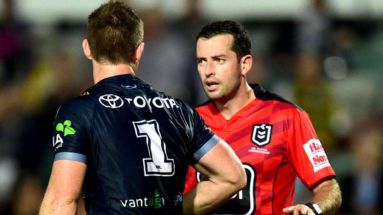 Cowbsoy captain Michael Morgan speaks with the referee.