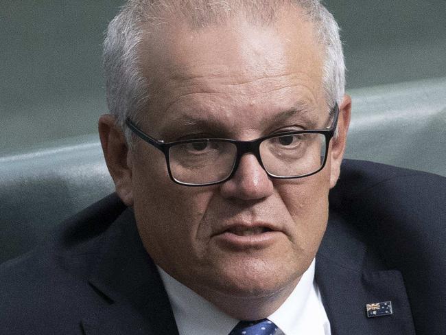 CANBERRA, AUSTRALIA - NewsWire Photos NOVEMBER 29, 2022: Alex Hawke with former PM Scott Morrison during Question Time in the House of Representatives in Parliament House in Canberra.Picture: NCA NewsWire / Gary Ramage