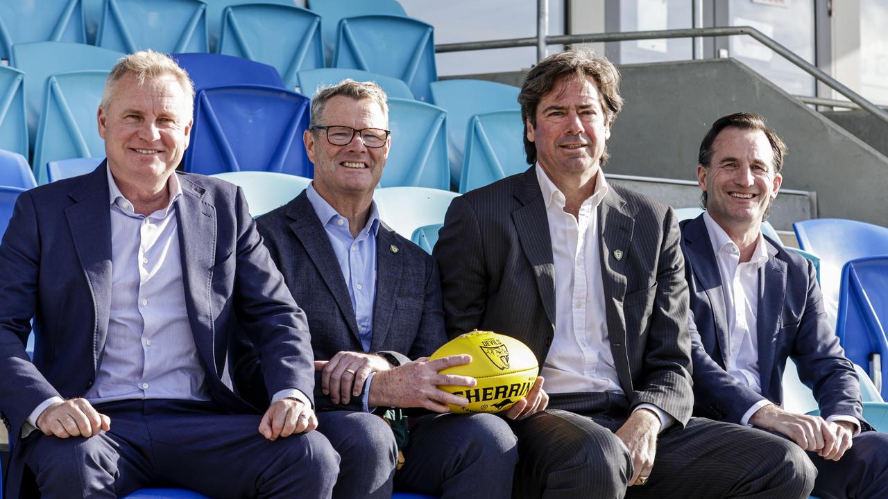 Premier Jeremy Rockliff, Tasmanian AFL Team Chairman Grant O'Brien, AFL CEO Gillon McLachlan AFL CEO-elect Andrew Dillon at Dial Park, Penguin. Picture: Grant Viney