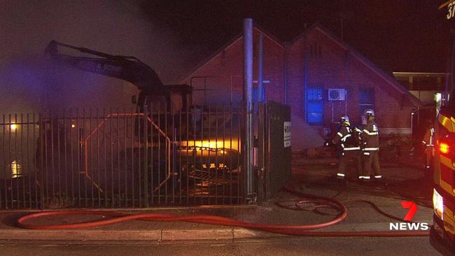 Police are investigating a late-night arson attack on an excavator at Rosary Primary School in Prospect. Picture: 7NEWS Adelaide