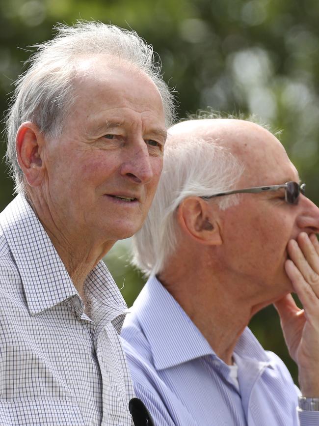 Lawry watches the action at Northcote with former teammate Phil Burn in 2017.