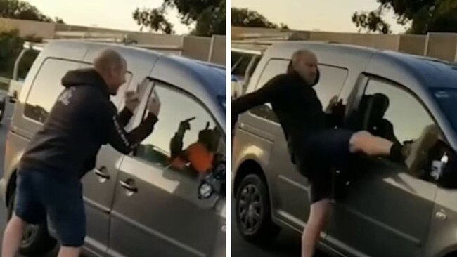 This is the moment a raging driver attacked another motorist’s van. Picture: Facebook