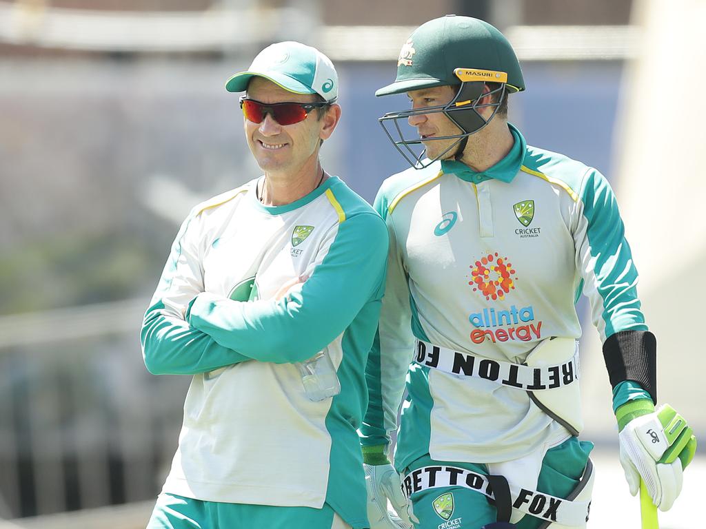 (L-R) Justin Langers and Tim Paine share a tight bond. Picture: Mark Metcalfe/Getty Images