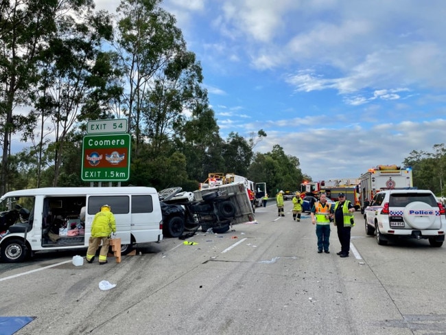 A serious crash on the M1 at Coomera on the Gold Coast on Friday morning. Picture: Queensland Ambulance