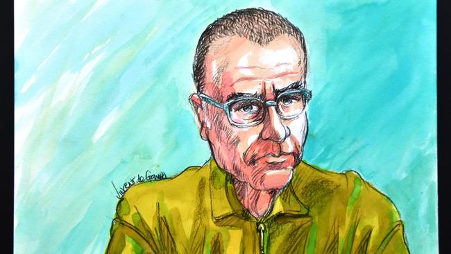 A sketch of Andrew O’Keefe as he appeared in Sydney's Central Local Court via video link. Picture: Vincent de Gouw for NCA NewsWire