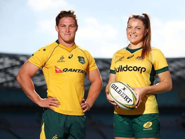 SYDNEY, AUSTRALIA - APRIL 24:  Grace Hamilton of the Wallaroos and Michael Hooper of the Wallabies pose during a Rugby Australia media call at ANZ Stadium on April 24, 2018 in Sydney, Australia.  (Photo by Matt King/Getty Images)