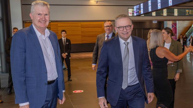 Prime Minister Anthony Albanese and Workplace Relations Minister Tony Burke at the conference. Picture: Ben Clark