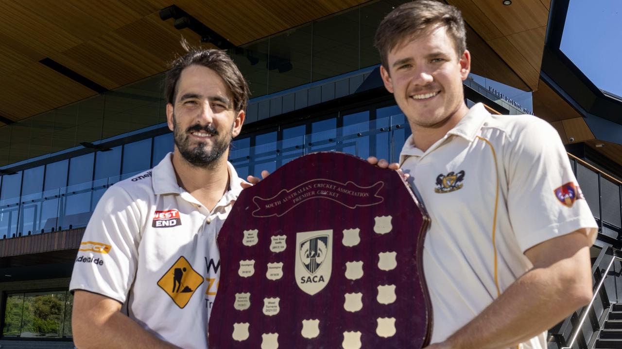 Port Adelaide’s Cam Valente and Glenelg’s Jake Winter with last season’s men’s SACA Premier Cricket Cup prior to their meeting in the Division 1 grand final. Picture: Kelly Barnes