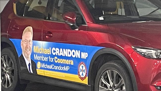 Coomera MP Michael Crandon needs to run a spell check before printing anything else. His name is misspelled "Micheal" on his car. Supplied.