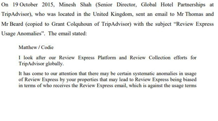 TripAdvisor's email to Meriton, contained in the judgment in the ACCC v Meriton case. Picture: Federal Court